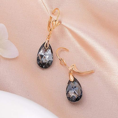 Austrian Crystal Teardrop Leverback Dangle Earrings for Women Fashion 14K Gold Plated Hypoallergenic Jewelry - color: Black