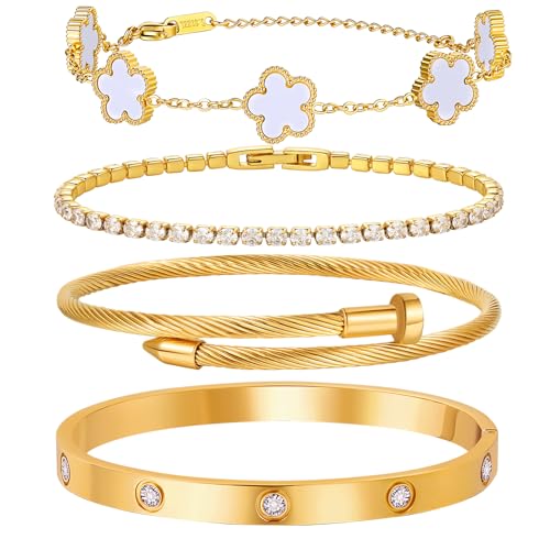 18 K Gold Plated Love Bangle Bracelet Stack for Women,Set of 4 Floral Clover Chain, Tennis Crystal &Gold Stackable Bangle Bracelet -Adjustable Layered Jewelry Gift for Wife Valentines Mother's Day-MVCOLEDY - color: White