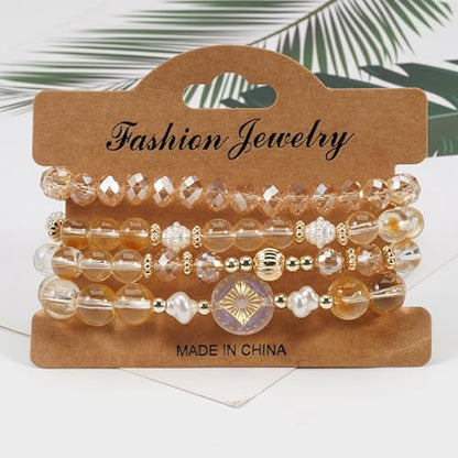 Boho Beaded Bracelet Set for Women - 4 Pcs Multilayer Stackable Crystal Glass Bead Bracelets with Faux Pearl Elastic Stretch Fashion Jewelry for Daily Wear, Beach, Party & Gifts - color: Champagne