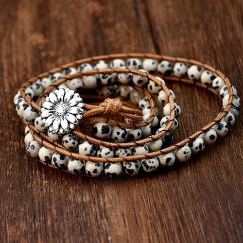 Boho Wrap Bead Bracelet for Women - Handmade Adjustable Natural Stone Beaded Bracelets Yoga Healing Bracelet Bangle Hippie Jewelry - color: almation Jasper