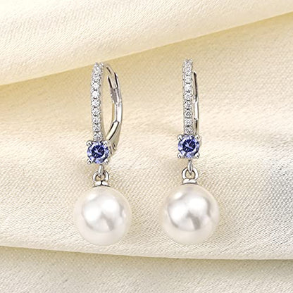 JO WISDOM 925 Sterling Silver Freshwater Pearl Hoop Earrings with Dangle Real Pearl,Simulated Pearls - color: B-8mm white pearl,tanzanite color