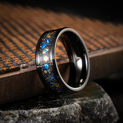 King Will Mens Wedding Band with Foils Inlay, Black/Silver/Gold Beveled Edge Glowstone Ring, 6mm/8mm Tungsten Carbide Rings Comfort Fit - color: Black&Blue+Gold-8mm
