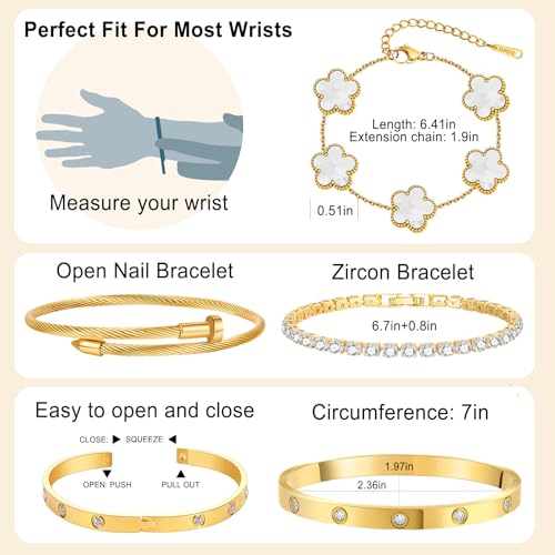 YOUNGGRACE 18K Gold Plated Womens Stackable Bracelets Set 4 Pcs – Love Bangle, Nail Bracelet, Clover & CZ Tennis Bracelet, Non Tarnish Hypoallergenic Stainless Steel Gold Layered Jewelry Gift for Her - color: White Floral