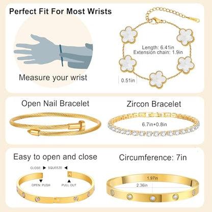 YOUNGGRACE 18K Gold Plated Womens Stackable Bracelets Set 4 Pcs – Love Bangle, Nail Bracelet, Clover & CZ Tennis Bracelet, Non Tarnish Hypoallergenic Stainless Steel Gold Layered Jewelry Gift for Her - color: White Floral
