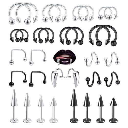 Lip Rings 16G Snake Bite Piercing Labret Jewelry Monroe Barbell | Spike Nose Stud Spiral Piercing Vampire Fangs Lip Cuff Stainless Steel Vertical Helix Jewelry for Women Men