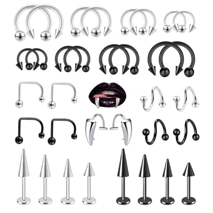 Lip Rings 16G Snake Bite Piercing Labret Jewelry Monroe Barbell | Spike Nose Stud Spiral Piercing Vampire Fangs Lip Cuff Stainless Steel Vertical Helix Jewelry for Women Men