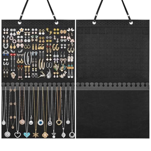 Caffox Hanging Jewelry Holder, Large Earrings Necklaces Organizer Storage for Earrings, Necklaces, Bracelets, Enamel Pins and Ankles, Jewelry Display Storage Hanger for Wall, Closet and Door