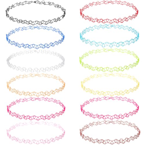 PAGOW Tattoo Choker Set, Stretchy 90s Choker Necklace, Adjustable Retro Y2K Gothic Grunge Chokers Jewelry Accessories - color: 12 Colors-a,12 Pcs