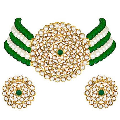 Aheli Pearl Diamond Choker Necklace & Round Earrings Gift for Women Indian Traditional Bollywood Fashion Bharatanatyam jewellery set - color: Green & White