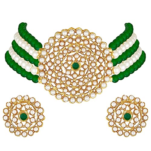 Aheli Pearl Diamond Choker Necklace & Round Earrings Gift for Women Indian Traditional Bollywood Fashion Bharatanatyam jewellery set - color: Green & White