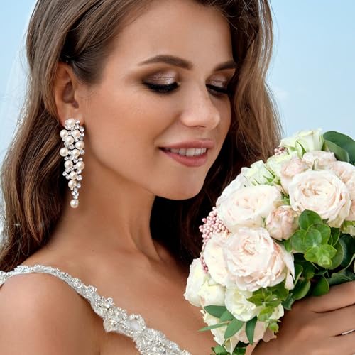 EleQueen Wedding Clip on Sparkle Simulated Pearl Rhinestone Crystal Chandelier Dangle Earrings for Bride Bridesmaid - color: Ivory Silver-Tone