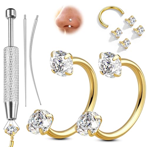 ORAZIO 18G Horseshoe Nose Rings for Women Men Double Gem Horse Shoe Nose Ring Hoops Surgical Steel Silver Gold Cartilage Helix Tragus Daith Earrings Labret Lip Piercing Jewelry Cute Small Septum Rings - color: Gold-White CZ