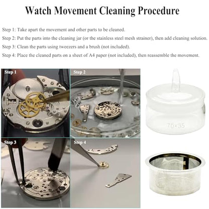 7CM X 3.5CM Watch Oil Washing Jar Tank, 3 in 1 Watch Repair Cleaner Tool with Stainless Steel Mesh Strainer and 18CM Cleaning Cloth, Glass Jewelry Cleaner Container for Maintenance & Modification Wristwatch Parts or Other Small Accessories