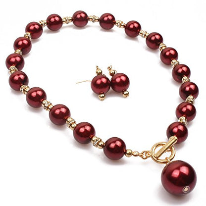 COLORFUL BLING Chunky Multicolor Simulated Pearl Choker Necklace Drop Dangle Earrings Bracelet Set Crystal Bib Big Large Round Beaded Strand for Women Brides Costume Statement 1920s Wedding Jewelry - color: Wine Red