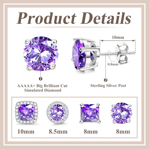 MILACOLATO S925 Sterling Silver Stud Earrings for Women Men Hypoallergenic 18K Gold Plated Cubic Zirconia Earrings Studs Brilliant Simulated Diamond Halo Earring for Sensitive Ears - style: 18K White Gold Plated - Purple CZ