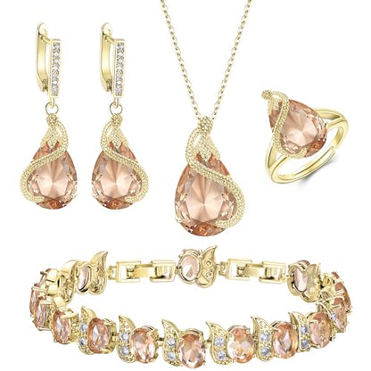 EVER FAITH Wedding Jewelry Set for Bride Bridesmaid, Glamour Teardrop Cubic Zirconia Pendant Necklace Earrings Tennis Bracelet Open Ring Sets for Birthday/Valentine's Day/Mother's Day/Christmas - color: A_Champagne Gold-Plated-Brass