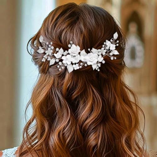 Flower Bride Wedding Hair Vine Pearl Bridal Hair Piece Leaf Hair Accessories Rhinestone Headband for Women (9inches) (Silver) - color: Silver