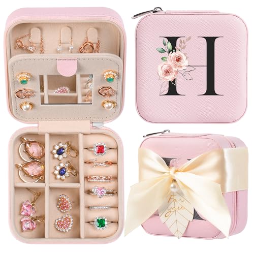 AYGXU Travel Jewelry Box for Women and Girls - Small Case With Initial A-Z - Teacher Gifts - color: pink, size: H
