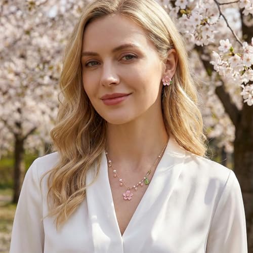 Wedding Jewelry Sets for Brides Bridesmaid Pearl Jewelry Set Fancy Gold Flower Necklace and Earrings Simple Pearl Necklace for Women Bridal Earrings Wedding Accessories Essentials Gifts - color: A3:pink flower set