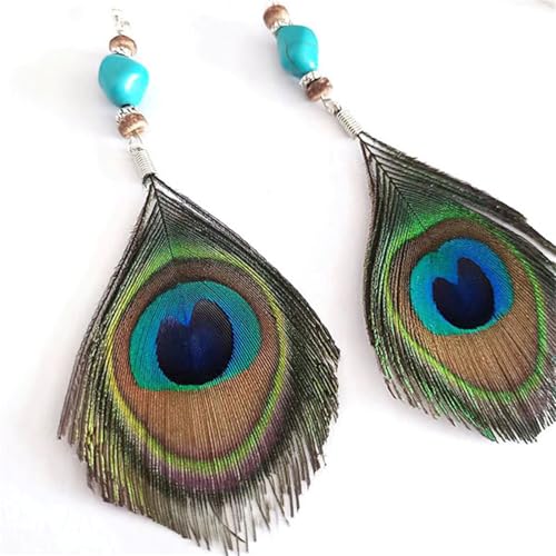 Peacock Feather Earrings for Women Native Handmade Lightweight Long Peacock Feather Boho Hook Earring Prom Party Festival Jewelry - color: Turquoise