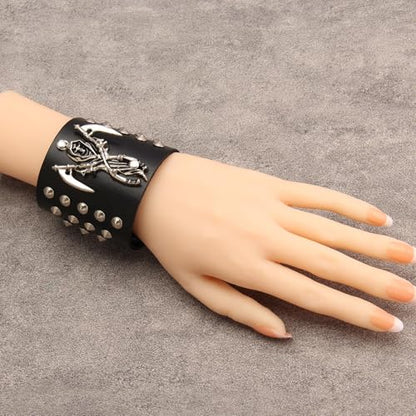 JAOYU Punk Leather Cuff Bracelet Goth Leather Wristband Rock Bracelet Biker Bracelet for Men Leather Armband Black Handmade Jewelry - color: Death Skull Bracelet Black