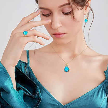 EVER FAITH Wedding Jewelry Set for Bride Bridesmaid, Glamour Teardrop Cubic Zirconia Pendant Necklace Earrings Tennis Bracelet Open Ring Sets for Birthday/Valentine's Day/Mother's Day/Christmas - color: A_Sky Blue Gold-Plated-Brass