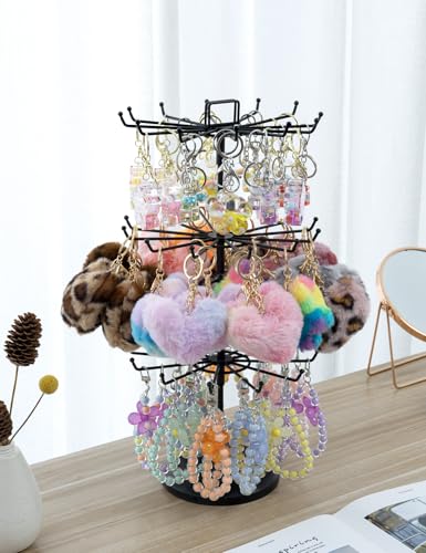 MyGift Black Metal Rotating 3-Tier Jewelry Stand with 36 Hooks | 360° Spinning Display Organizes Necklaces, Bracelets & Keychains with Top Card Holder for Retail or Vanity Use - color: Black (3 Tier)