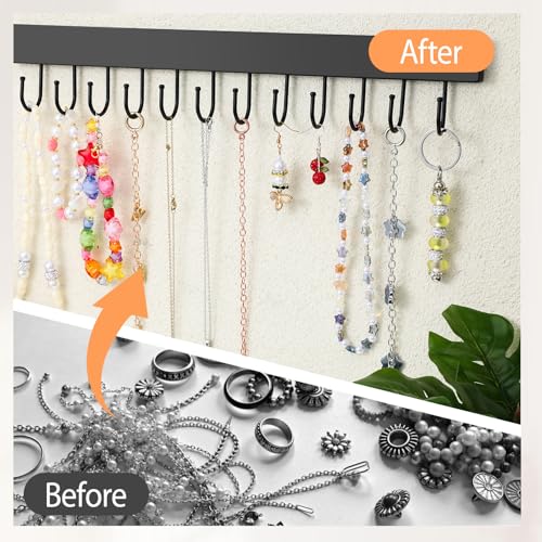 4Pack Necklace Organizer Wall Mount,Jewelry Hanger Wall Organizers | with 48 Hooks, for Necklaces, Bracelets, Earrings, Hanging, Black