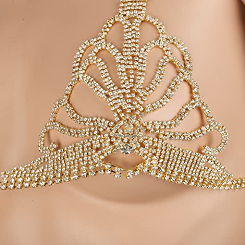 Sparkle Full Rhinestone Sexy Bra Chain Body Chain Set Crystal Beach Luxury Jewelry for Women - color: Golden