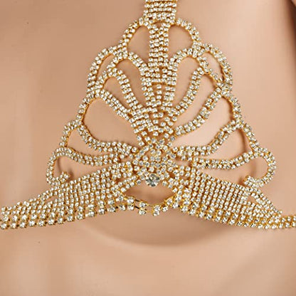 Sparkle Full Rhinestone Sexy Bra Chain Body Chain Set Crystal Beach Luxury Jewelry for Women - color: Golden