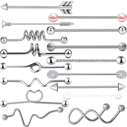 TIANCI FBYJS 7-16pcs 14G Stainless Steel Industrial Piercing Barbell Earring Cartilage Body Jewelry 38mm 1&1/2 Inch Industrial Piercing Bar for Women Men Snake Chain Dangle - color: silver 16pcs