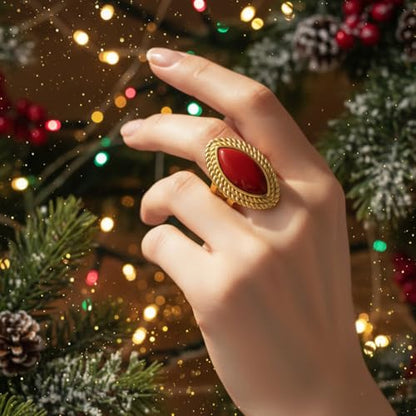 Natural Stone Chunky Rings,Black Obsidian,Red Agate, Carnelian 18k Gold Plated Stainless Steel Stackable Party Rings for Women - style: Red Agate