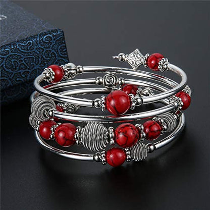 PEARL&CLUB Beaded Chakra Bangle Turquoise Bracelet - Fashion Jewelry Wrap Bracelet with Thick Silver Metal and Mala Beads, Birthday Gifts For Women - color: Red