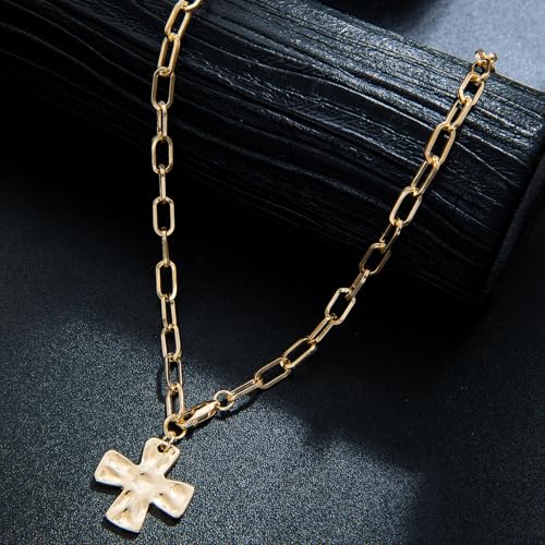 Chunky Cross Necklace for Women,Gold Silver Layered Hammered Cross Pendant Necklace Statement Paperclip Toggle Charm Chain Herringbone Snake Choker Christian Jewelry Outfit Accessories - color: BGold