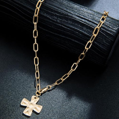 Chunky Cross Necklace for Women,Gold Silver Layered Hammered Cross Pendant Necklace Statement Paperclip Toggle Charm Chain Herringbone Snake Choker Christian Jewelry Outfit Accessories - color: BGold