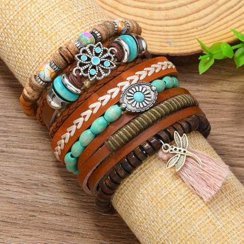Western Outfits for Women Turquoise Western Bracelets Bohemian Vintage Stackable Beaded Leather Bracelets Adjustable Hand-woven Layered Bracelet Western Country Concert Jewelry for Women - style: Turquoise Dragonfly