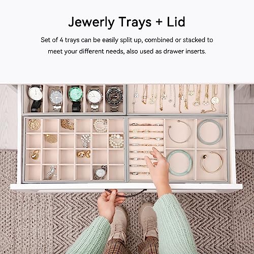Voova Stackable Jewelry Organizer Tray with Lid (Set of 4, Gray) | Stackable PU leather jewelry trays with drawer inserts for earrings, rings, necklaces, bracelets and watches; set of 4 - color: Grey