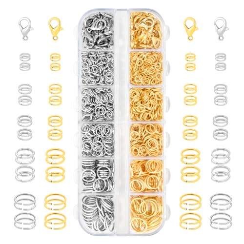 1200pcs Jump Rings for Jewelry Making Supplies, Bracelet Kit, Gold & Silver | Necklace Repair Kit for Keychain, Charm Necklace, 5 Different Size Ring & 12mm Lobster Clip - color: 1200Pcs Gold and Silver + 3 Tool