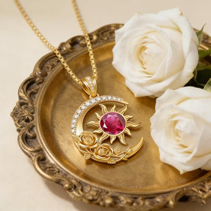 Midari 18K Yellow Gold Sun Moon Star Pendant Rose Flower Necklaces I Love You Forever Sun Moon Jewelry Gift for Mother Women - color: 07-Jul-Ruby, style: Sun&Moon