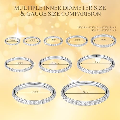 PEAKLINK Nose Ring 316L Surgical Steel Helix Cartilage Conch Earring with Gem Septum Clicker Daith Rook Tragus Lip Belly Ear Lobe Piercing Jewelry Nose Hoop, Diameter 5mm to 12mm - color: Silver with Clear CZ