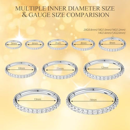 PEAKLINK Nose Ring 316L Surgical Steel Helix Cartilage Conch Earring with Gem Septum Clicker Daith Rook Tragus Lip Belly Ear Lobe Piercing Jewelry Nose Hoop, Diameter 5mm to 12mm - color: Silver with Clear CZ