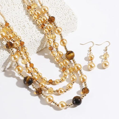Coiris Layered Pearl Necklace and Earring Set for Women Boho Beaded Statement Choker with Faux Pearls Chunky Costume Jewelry for Wedding Party Beach Vacation Gift - color: Champagne