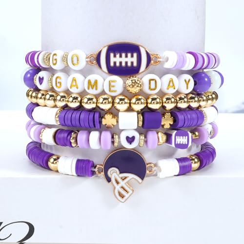 Ardorchid Halloween Bracelets for Women Pumpkin Ghost Steleton Bat Skull Beaded Stackable Stretchy Bracelet Rugby Thanksgiving Christmas Heishi Bracelets - color: Game Day-Purple