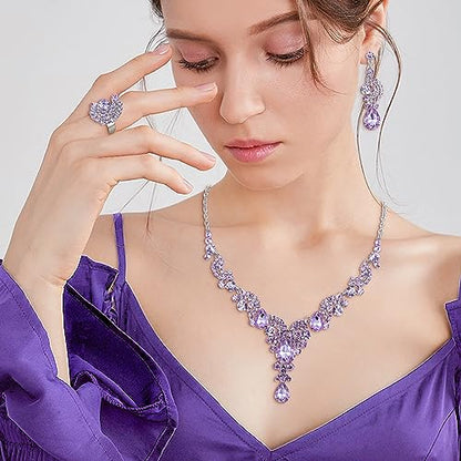 EVER FAITH Rhinestone Crystal Bridal Floral Wave Teardrop Necklace Earrings Set - color: 4pcs_Light Purple