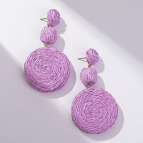 Statement Raffia Boho Round Dangle Ball Earrings - Cute Handmade Summer Bohemian Dangling Jewelry for Women - color: Purple