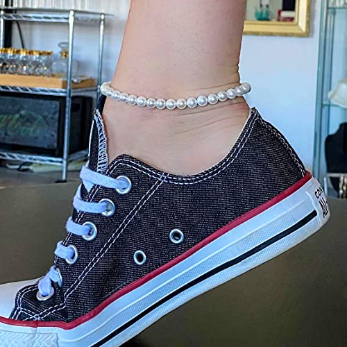 Handmade Pearl Beads Anklets for Women Adjustable White Beaded Ankle Bracelet for Wedding Gift