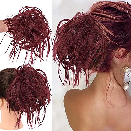 HMD Tousled Updo Messy Bun Hair Piece Ponytail Hairpieces for Women | Synthetic Hair Extension Ponytail with Elastic Rubber Band, Messy Hair Bun Scrunchies for Daily Party - color: Berry Red