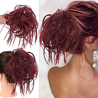 HMD Tousled Updo Messy Bun Hair Piece Ponytail Hairpieces for Women | Synthetic Hair Extension Ponytail with Elastic Rubber Band, Messy Hair Bun Scrunchies for Daily Party - color: Berry Red