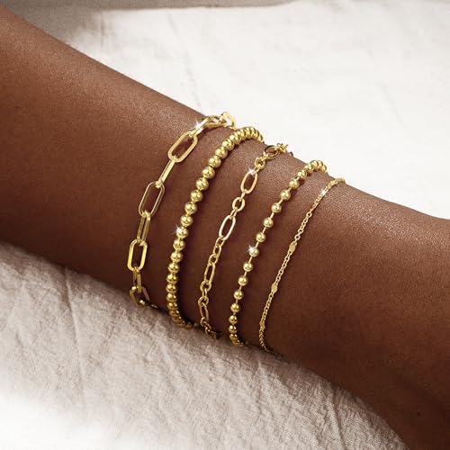 Dainty Bracelet for Women 14K Gold Plated Cross Pearl CZ Leaf Bracelets Set Gold Layering Bracelets Everyday Jewelry - color: 5 Layer Beaded Set -GD