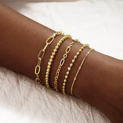 Dainty Bracelet for Women 14K Gold Plated Cross Pearl CZ Leaf Bracelets Set Gold Layering Bracelets Everyday Jewelry - color: 5 Layer Beaded Set -GD